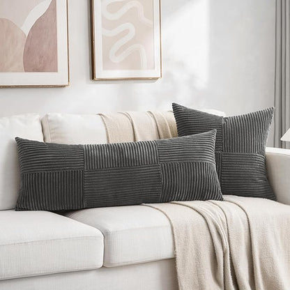 Fancy Homi 2 Packs Dark Gray Decorative Throw Pillow Covers 22x22 Inch for Living Room Couch Bed Sofa, Rustic Farmhouse Boho Home Decor, Soft Corss Corduroy Patchwork Accent Cushion Case 55x55 cm
