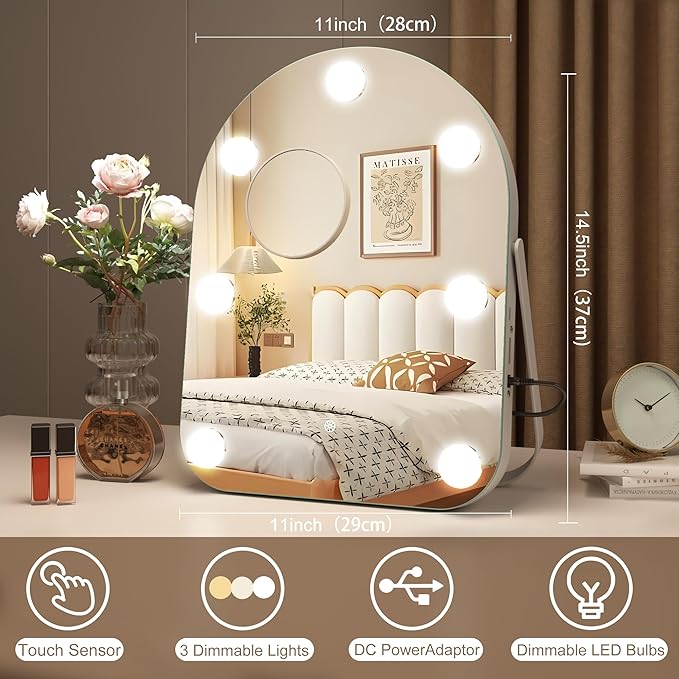 STARLEAD 11"× 14.5" Makeup Mirror with Lights and 10X Magnification, 3-Color Dimmable LED Lighting & Touch Control, 360°Rotation for Travel/Dressing Room, Arched & Bulb
