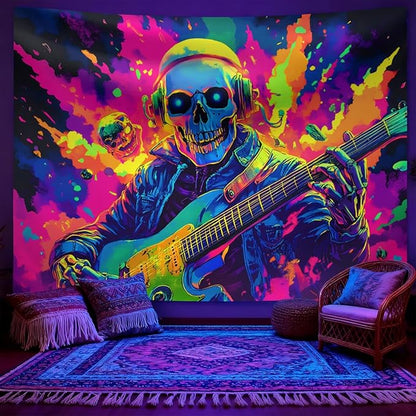 seewan Black Light Skull Guitar Tapestry, Glow-in-the-Dark UV Neon Skull Wearing Headphones Playing Music Wall Hanging, Psychedelic Rock Art Tapestry, Bedroom Dorm Living Room Background Decor