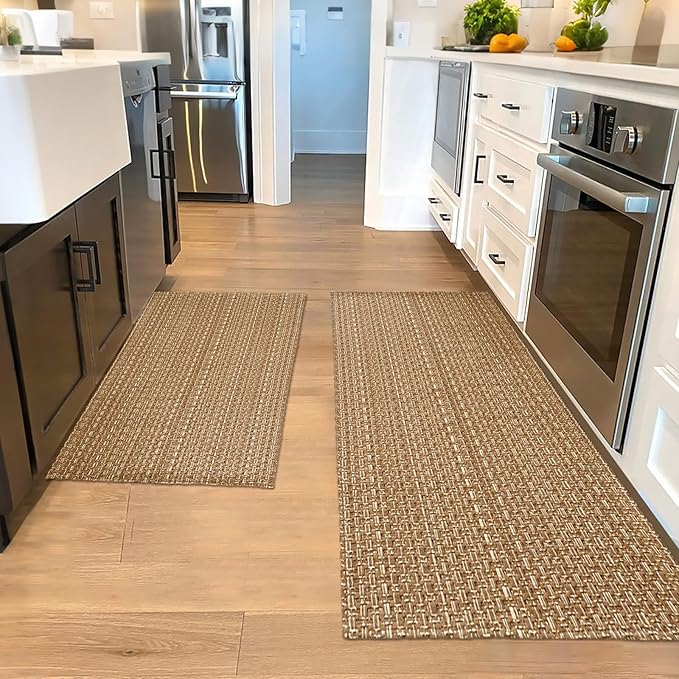 Kitchen Rugs,Kitchen Mats for Floor,Non Slip Washable 20"x 30"+20"x 48" Neutral Braided Rug,Faux Jute Rug with Non Slip Backing for Kitchen,Solid,Easy Clean,Area Rugs Sets of 2Pcs,Light Brown