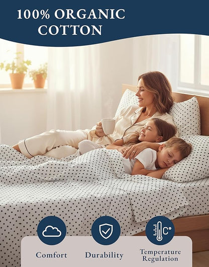 LANE LINEN 100% Organic Cotton Printed King Size Bed Sheets Machine Washable Fully Elasticized Low Pill Fade Resistant Cotton Sheets, Soft & Comfy Percale Eco Friendly sábanas King- Black Polka Dot
