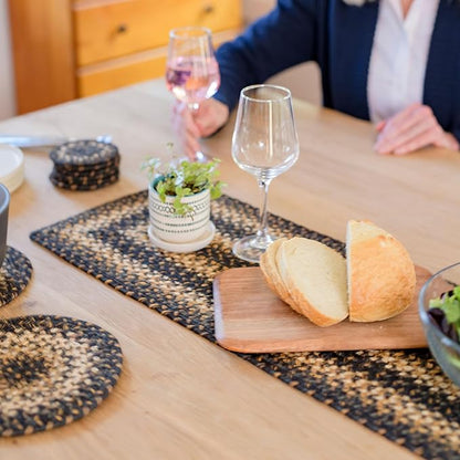 Homespice Kilimanjaro Jute Braided Small Table Runner, Warm Primitive Decor, Set of 2, Black and Brown Rectangle 8x28 - Rich Colors, Easy to Clean, Durable and Protects Furniture