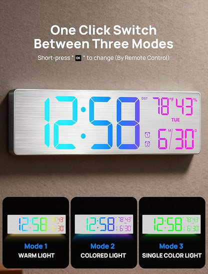 MASHI 18.5" Large Digital Wall Clock with Remote Control, Dual Alarm with Big LED Screen Dispaly,10 Adjustable Brightness, DST, Date Week,Temp for Living Room, Bedroom, Gift for Elderly (Silver)