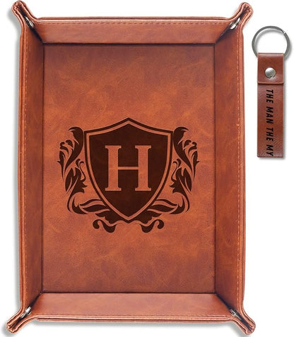 INNObeta Initial Valet Tray, Desktop Storage Organizer, PU Leather Bedside Tray Key Coin Holder, Personalised Gifts for Men, Birthday, Christmas, Letter H
