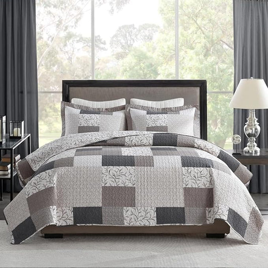 PERHOM Queen Size Quilt Set, 3 Pieces Queen 100% Cotton Quilted Comforter Set with Pillow Shams, Farmhouse Plaid Botanical Pattern, Lightweight Reversible Bedspread, Warm Brown/Beige/Gray