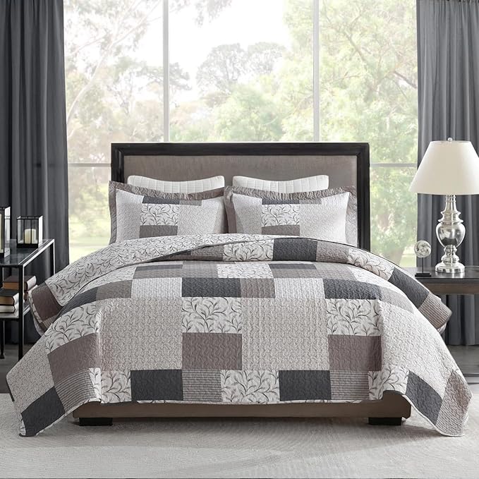 PERHOM King Size Quilt Set, 3 Pieces 100% Cotton King Quilted Comforter Set with 2 Pillow Shams, Farmhouse Plaid Botanical Pattern, Lightweight Reversible Coverlet Bedspread, Brown/Beige/Gray