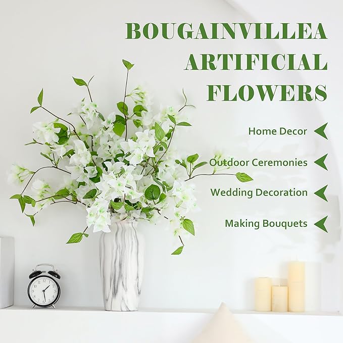 10PCS Bougainvillea Artificial Flowers 30" Silk Fake Bougainvillea Branches Faux Flowers Vines for Home，Garden，Wedding，Party，Indoor and Outdoor，Floral Arrangement and DIY Decor（White）
