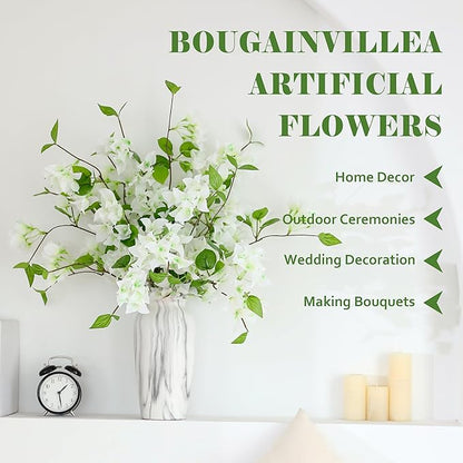 10PCS Bougainvillea Artificial Flowers 30" Silk Fake Bougainvillea Branches Faux Flowers Vines for Home，Garden，Wedding，Party，Indoor and Outdoor，Floral Arrangement and DIY Decor（White）