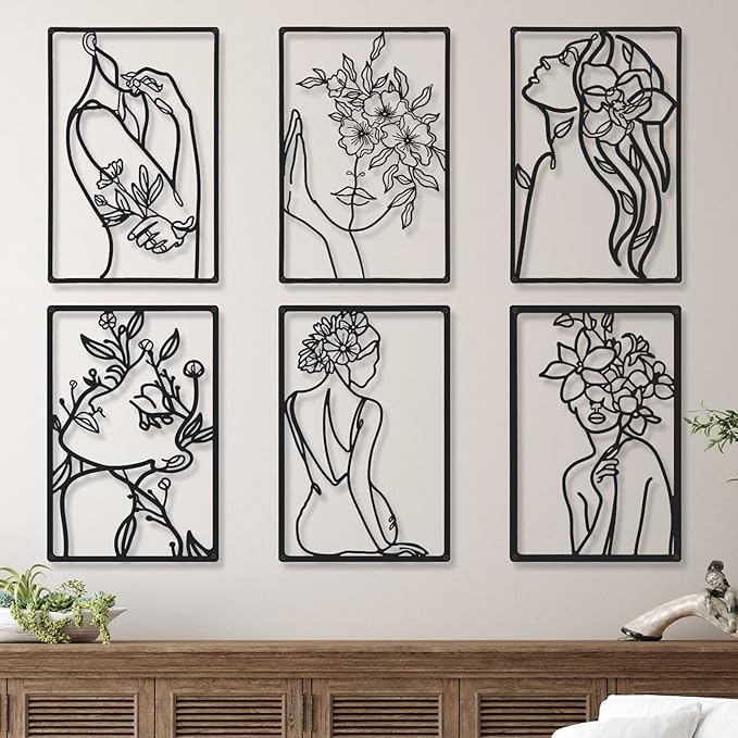 Cindeer 6 Pieces Black Metal Bedroom Wall Decor Minimalist Metal Wall Art Modern Abstract Woman Line Art Living Room Decor Aesthetic Female Bedroom Pictures Sculpture Line Drawing Hanging
