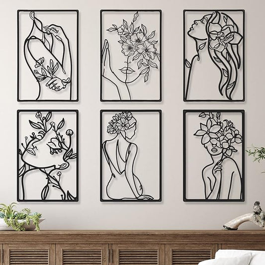 Cindeer 6 Pieces Black Metal Bedroom Wall Decor Minimalist Metal Wall Art Modern Abstract Woman Line Art Living Room Decor Aesthetic Female Bedroom Pictures Sculpture Line Drawing Hanging