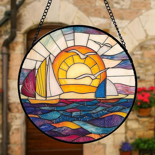 DASTOLL Stained Glass Window Hanging, Sailboat and Waves Suncatcher Diamond Glass Panel Hangings Sun Catchers Decor for Birthday for Women, Men, Wife, Aunt, and Mom 11.8x11.8 in