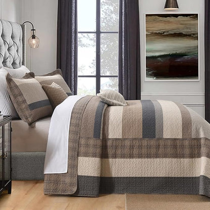 SahSahCasa 128"x120" 100% Cotton Oversized California King XL Bedspread Coverlet Quilt Set, Cal King Quilted Striped Bedspread Extra Large Quilt, Bed Spread Lightweight Comforter,Charcoal/Beige/Brown
