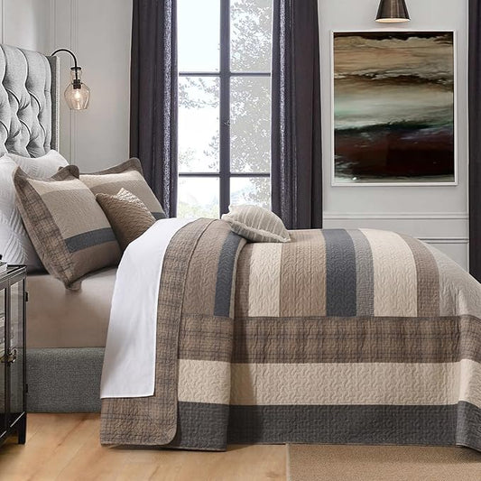 SahSahCasa 128"x120" 100% Cotton Oversized California King XL Bedspread Coverlet Quilt Set, Cal King Quilted Striped Bedspread Extra Large Quilt, Bed Spread Lightweight Comforter,Charcoal/Beige/Brown