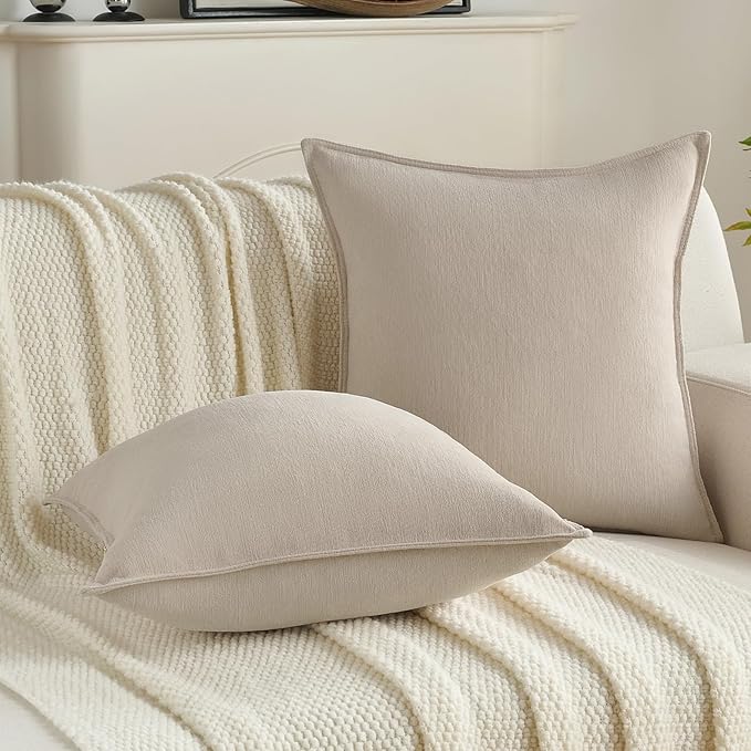 FUTEI Beige Chenille Throw Pillow Covers 12x20 Inch Set of 2,Edges Double-Stitched Lumbar Pillow Cases,Modern Home Decor for Couch Living Room