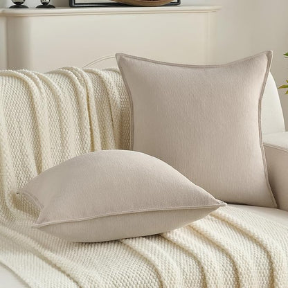 FUTEI Beige Chenille Throw Pillow Covers 12x20 Inch Set of 2,Edges Double-Stitched Lumbar Pillow Cases,Modern Home Decor for Couch Living Room