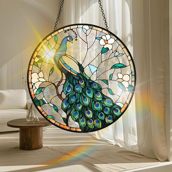 VAIIEYO Peacock Acrylic Sun Catcher Window Hanging Decoration Animal, 7.8 Inch Double-Sided Light Reflecting Ornament for Window, Garden, Porch or Balcony Decor, Housewarming, Gift for Natural Lovers