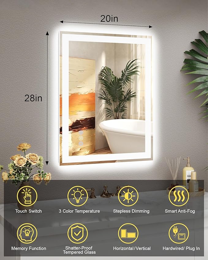 20"x 28" LED Bathroom Mirror, 3 Colors Vanity Mirror with Lights, Front and Backlit Bathroom Mirror with Lights, LED Smart Mirror for Bathroom, Tempered Glass, Anti-Fog, Stepless Dimmable, Memory(ETL)