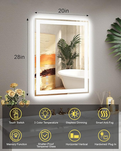 20"x 28" LED Bathroom Mirror, 3 Colors Vanity Mirror with Lights, Front and Backlit Bathroom Mirror with Lights, LED Smart Mirror for Bathroom, Tempered Glass, Anti-Fog, Stepless Dimmable, Memory(ETL)