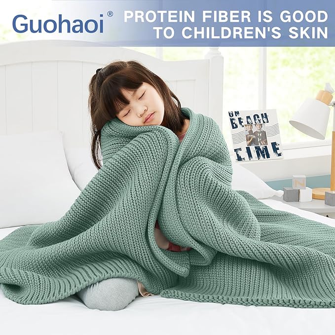 Guohaoi Knitted Weighted Blanket Kids (Haze Green 50"x60" 7lbs) No Beads Cooling Heavy Blanket, Home Decor Breathable Chunky Knit Throw Blanket for All-Season Use