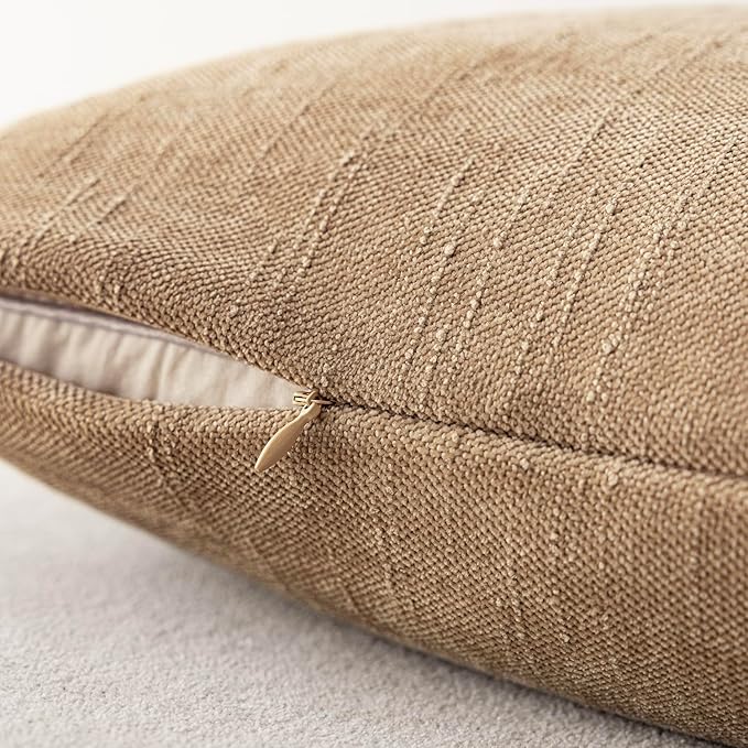 Foindtower Pack of 2 Textured Chenille Throw Decorative Pillow Covers Square Accent Solid Cushion Cover Neutral Farmhouse Pillow Case for Couch Sofa Bedroom Living Room 26x26 Inch,Taupe Khaki Camel