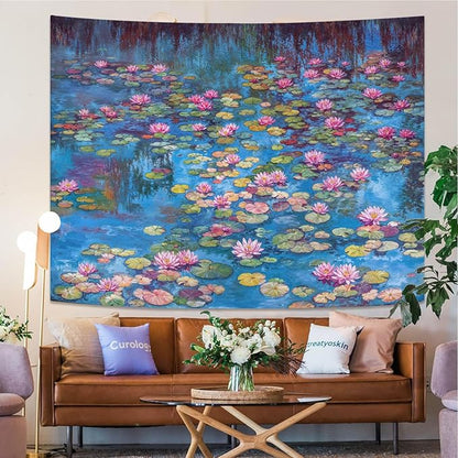 kampdream Landscape Tapestry, Scenery Art Wall Tapestries, Nature Wall Decor for Bedroom Living Room Backdrop Blue Impressionist Pond Lotus 44×60 inches