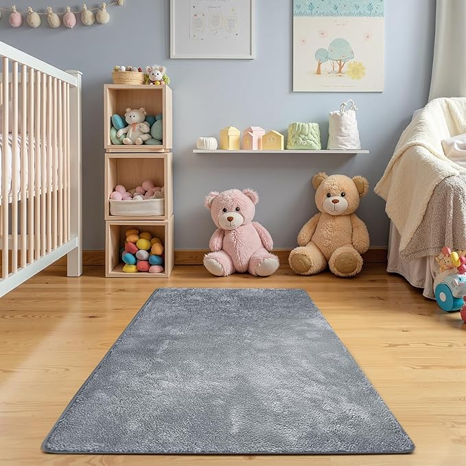jinchan Solid Plush Area Rug 3x5 Performance Shaggy Washable Rug Indoor Soft Modern Faux Wool Cozy Non Slip Carpet for Living Room Kids Room Bedroom Dining Room Nursery Grey