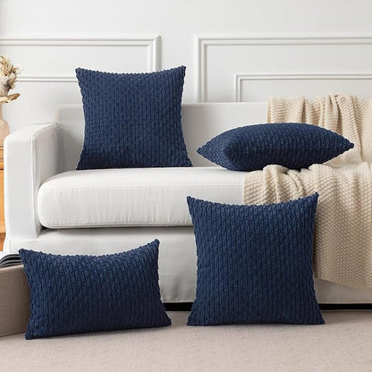 Kevin Textile Throw Pillow Cover Striped Corduroy Plush Texture Velvet Euro Cushion Cover for Bed 24 x 24 inch (60cm) Set of 2 Navy Blue