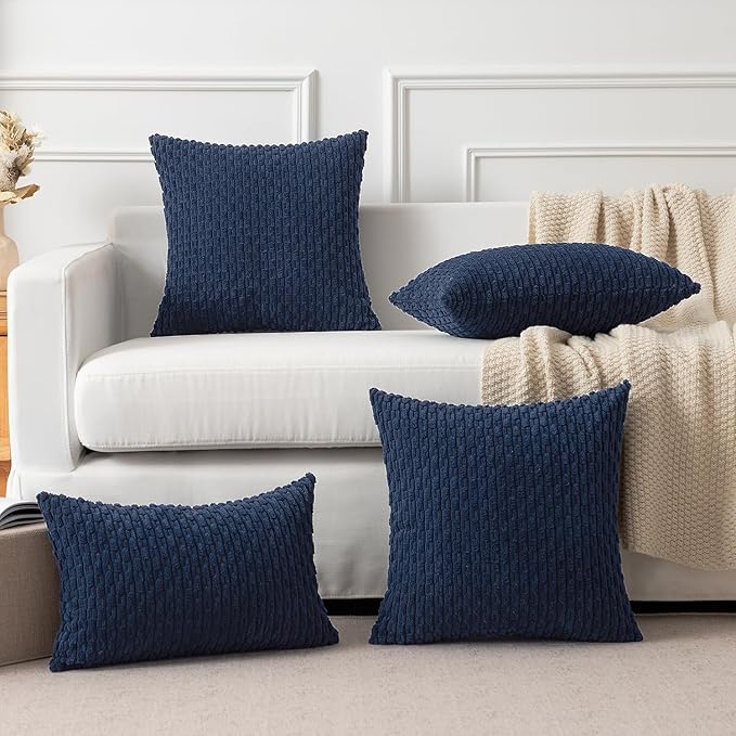 Kevin Textile Set of 2 Decorative Pillow Cover Solid Striped Corduroy Plush Velvet Cushion Cover for Couch 50cm 20 x 20 Inch Navy Blue