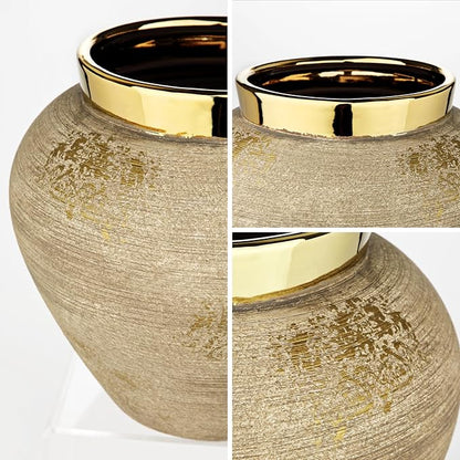Rustic Ceramic Vase with Gold Rim – 9" Decorative Flower Vases for Living Room, Dining Table Centerpiece & Shelf Décor – Modern Farmhouse, Boho & Contemporary Home Accents