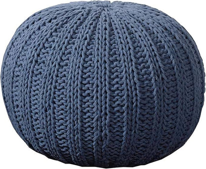 LR Home Blue Cableknit Cotton Round Ottoman for Home Décor | Hand-Made Farmhouse Foot Rest for Bedroom & Living Room | 20 x 20 x 16 Stuffed Pouf for Seating