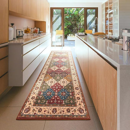 Lessymo Washable Runner Rug 2.6x8, Moroccan Faux Wool Runner Rug Non Slip for Hallways Kitchen Entryway Laundry Room Bedroom Bathroom, Low Pile, Kid & Pet Friendly, Classic Red and Cream