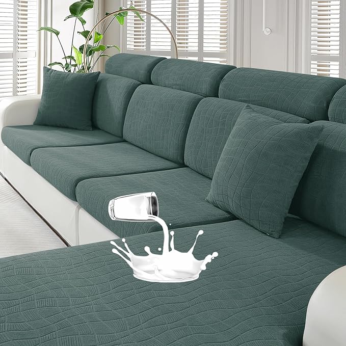 MAXIJIN Waterproof Couch Cushion Covers Stretch Sofa Seat Slipcovers Washable，Sectional Outdoor Cushion Covers with Elastic Bottom for Dogs Pets Kids (3 Pc Cushion Cover, Pea Green)