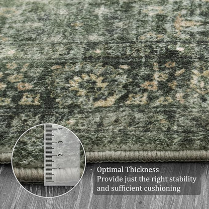 Morebes Vintage Throw Rugs, 3x5 Washable Rug Non Slip, Soft Area Rug for Bedroom, Distressed Non-Shedding Floral Rug for Entryway Bathroom Kitchen Foyer Bedside Playroom Christmas Decor,Dark Green