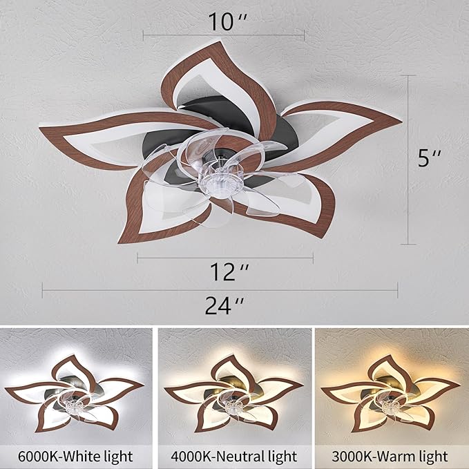 HuixuTe 24" Wood Geometric Ceiling Fan with Lights Remote Control, Low Profile Ceiling Fan with Light for Kitchen Bedroom Living Room
