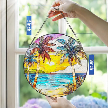 Stained Glass Window Hanging, 8 Inch Beach Sunset Stained Glass Suncatcher, Window Hanging Decor, Beach Lover Home Decor, Seabeach Sunrise Suncatcher, Gift for Mom Grandma