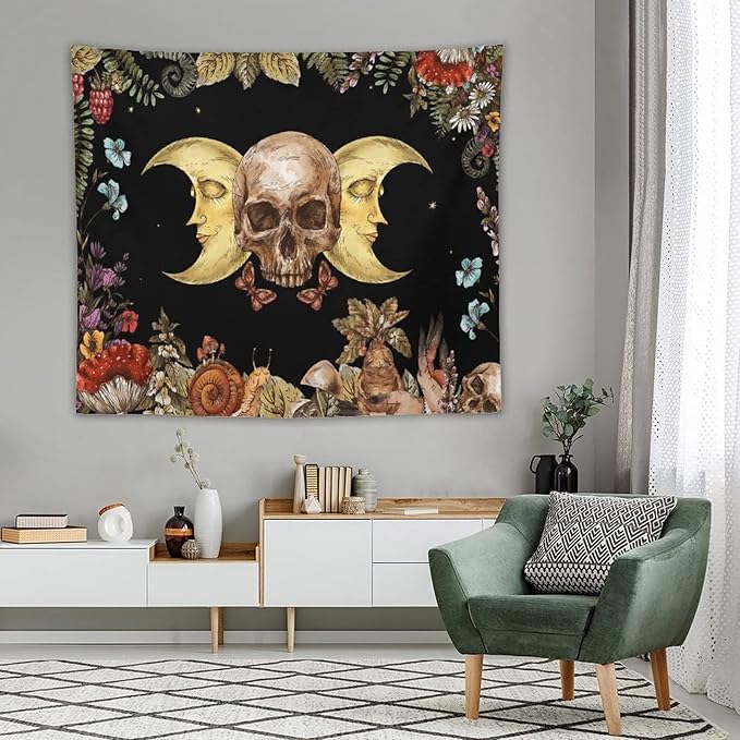 Boho Moon Skull Tapestry,Vintage Sun Moon Hippie Mushroom Floral Plant Tapestries Wall Hanging for Dorm Living Room Bedroom Decor(50"x60")