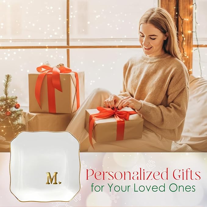OASSIE Valentines Day Gifts for Her - 4"x4" Initials Ceramic Jewelry Dish Tray Letter M - Engagement Gift for Couples, Wedding Bridal Shower Gift for Bride, Monogrammed Gifts for Women Friends Mom