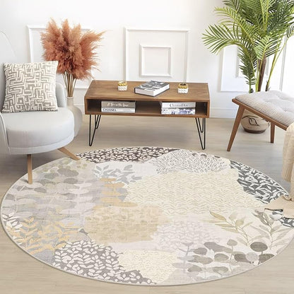 DEXDE Round Rug 4ft Washable Circle Area Rugs, Non Slip Low Pile Boho Floral Small Circular Carpet for Bedroom Bathroom Entryway Kids Room Office Dining Room, Gray