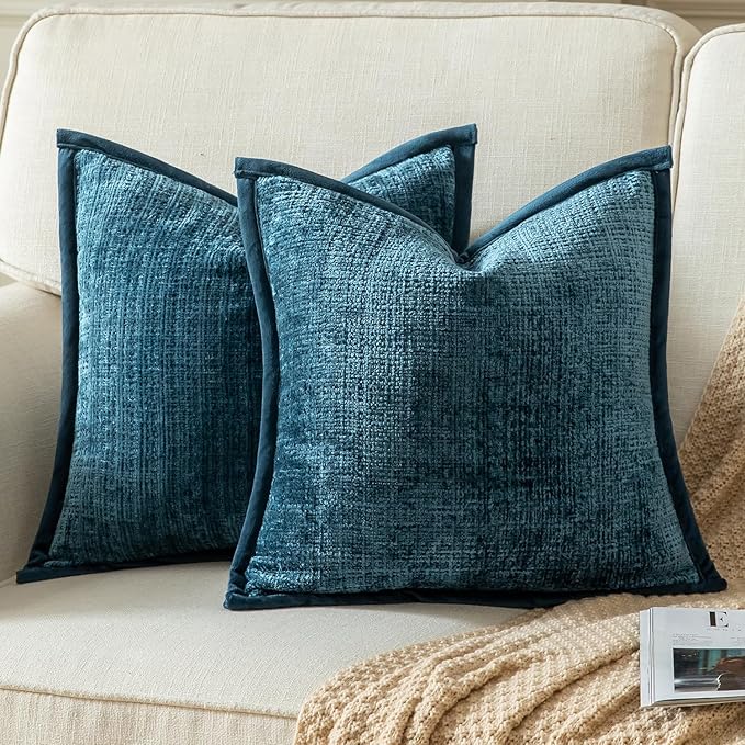 Yaertun Pack of 2 Chenille Textured Decorative Throw Pillow Covers Accent Solid Cushion Cover Soft Cozy Pillow Case with Velvet Back for Couch Sofa Bed Living Room 16x16 Inch Blue