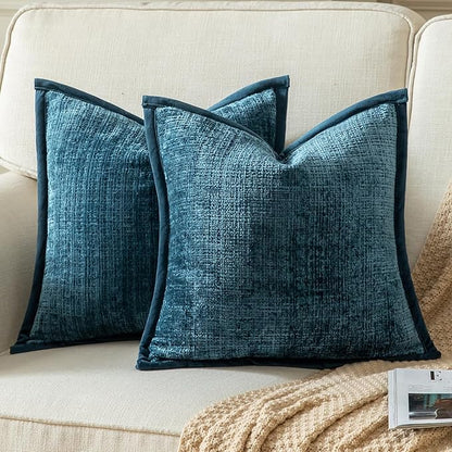 Yaertun Pack of 2 Chenille Textured Decorative Throw Pillow Covers Accent Solid Cushion Cover Soft Cozy Pillow Case with Velvet Back for Couch Sofa Bed Living Room 22x22 Inch Blue