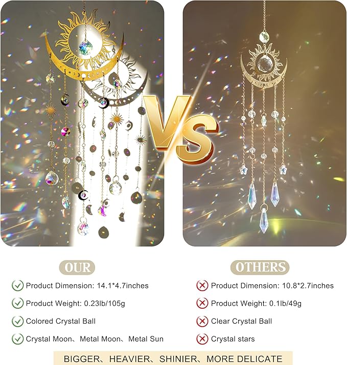 H&D HYALINE & DORA Sun and Moon Suncatcher Crystal Wind Chimes for Hanging Outdoor Indoor Glass Window Hanging Prisms for Garden Backyard Ceiling Room Decor