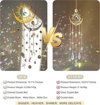 H&D HYALINE & DORA Sun and Moon Suncatcher Crystal Wind Chimes for Hanging Outdoor Indoor Glass Window Hanging Prisms for Garden Backyard Ceiling Room Decor
