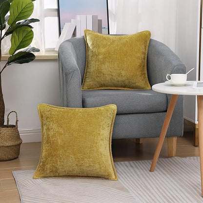 decorUhome Spring Chenille Soft Throw Pillow Covers 24x24 Set of 2, Farmhouse Velvet Neutral Decorative Euro Sham Pillow Covers with Stitched Edge for Couch Sofa Bed Home Decor, Mineral Yellow