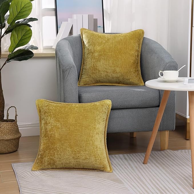 decorUhome Spring Chenille Soft Throw Pillow Covers 20x20 Set of 2, Farmhouse Velvet Neutral Decorative Pillow Covers with Stitched Edge for Couch Sofa Bed Home Decor, Mineral Yellow
