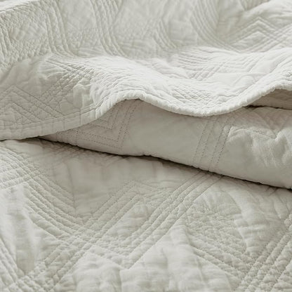 WDCOZY 100% Cotton King Size Quilt Set - Beige Pre-Washed Soft Lightweight Modern Bedspread, Farmhouse Country Rustic Coverlet, Textured Like Linen, Shabby Chic Gauze Bedding, 3 Pieces