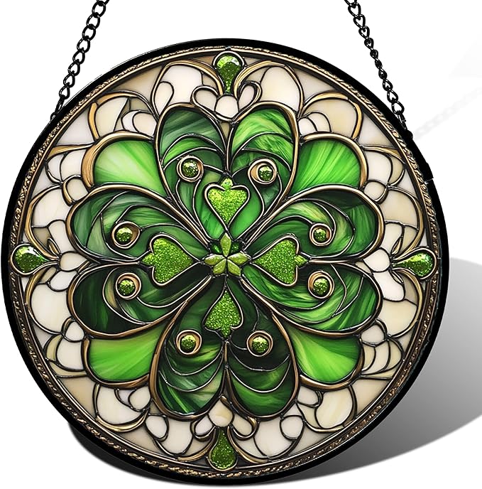 DASTOLL Stained Glass Window Hanging St. Ripak Festival Green Lucky Clover Large 11.8" - Suncatcher Door Garden Sun Catcher Ireland Decor Mother's Day for Mom Woman Her Men Sisters