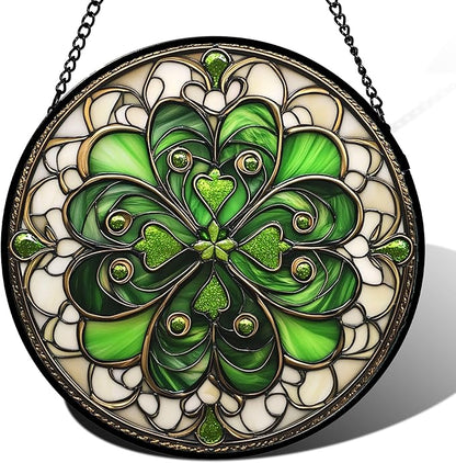 DASTOLL Stained Glass Window Hanging St. Ripak Festival Green Lucky Clover 7.8" - Suncatcher Door Garden Sun Catcher Ireland Decor Mother's Day for Mom Woman Her Men Sisters