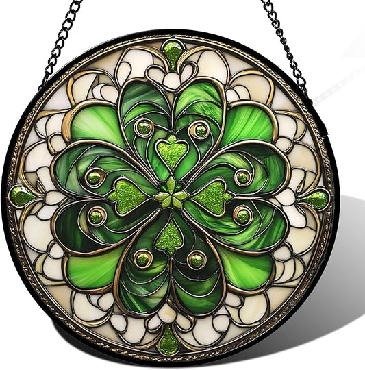 DASTOLL Stained Glass Window Hanging St. Ripak Festival Green Lucky Clover 7.8" - Suncatcher Door Garden Sun Catcher Ireland Decor Mother's Day for Mom Woman Her Men Sisters