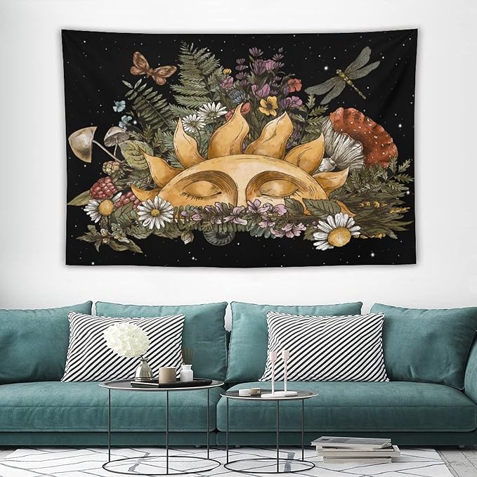 Vintage Sun Tapestry,Boho Hippie Mushroom Starry Floral Forest Plant Tapestries Wall Hanging for Dorm Living Room Bedroom Home Decor(60"x90")