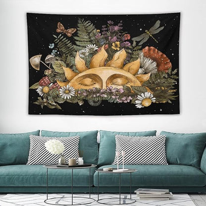 Vintage Sun Tapestry,Boho Hippie Mushroom Starry Floral Forest Plant Tapestries Wall Hanging for Dorm Living Room Bedroom Home Decor(60"x90")